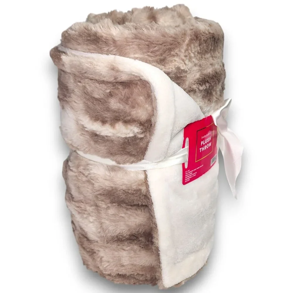 ULTA Beauty Plush Throw Blanket Faux Fur 50x60 Taupe White NWT Ltd Edition